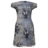 2025 style popular summer new women's clothing retro butterfly smudge printing mesh one-word collar dress