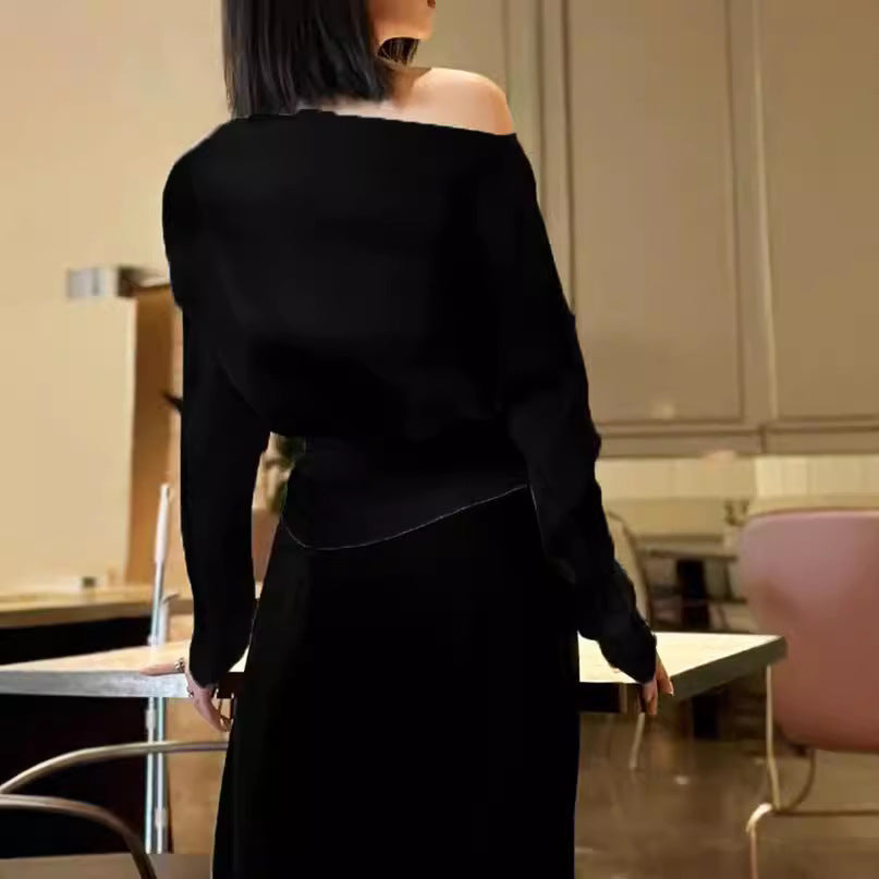 2025 Autumn new chic beautiful shirt shoulder top light mature  smudge long-sleeved t-shirt design sense niche