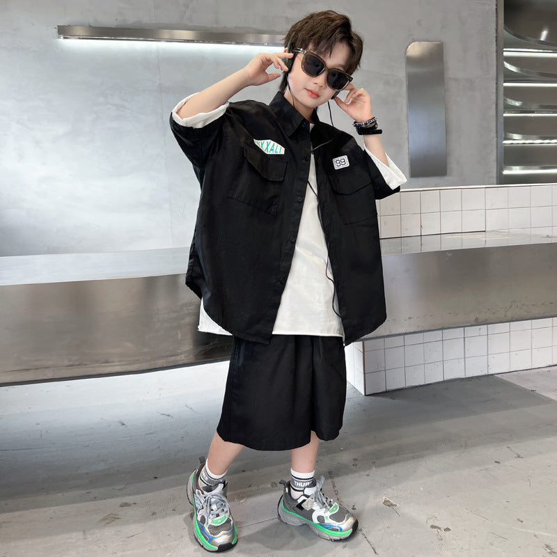 Boys' Summer Shirt Outfit  New Children's Summer Clothing Thin Short Sleeve Medium and Big Children Summer Boyish Look Fashion