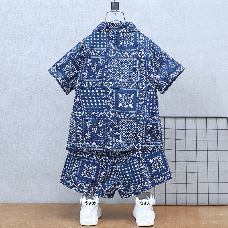 Boys' Summer Short Sleeve Suit  New Baby Net Red Casual Clothes Children's Vacation Style Shirt Three-Piece Set