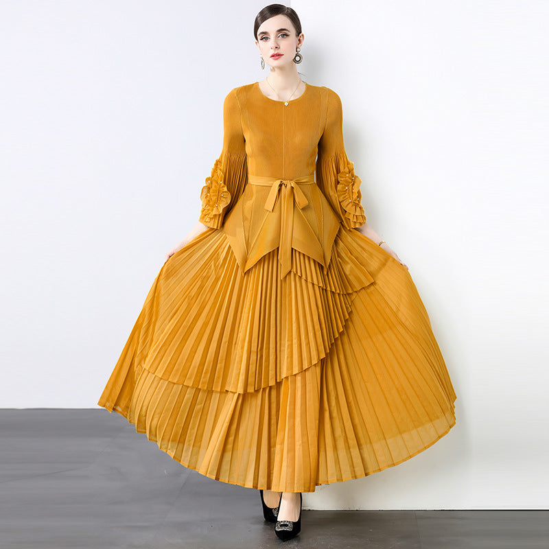 Spring new  light luxury temperament elegant fashion pleated clothes two-piece temperament irregular skirt