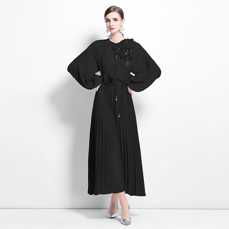 celebrity temperament dress women's high-end sense unique design flower slim and thin pleated long dress