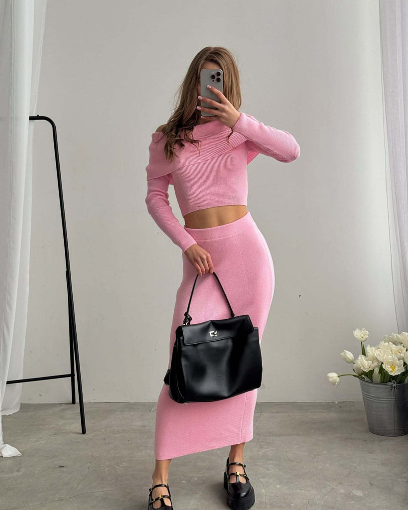 slim skirt women's pure desire style long-sleeved knitted elegant vacation style one-word shoulder open button skirt set