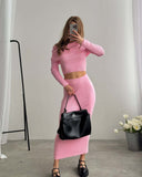 slim skirt women's pure desire style long-sleeved knitted elegant vacation style one-word shoulder open button skirt set