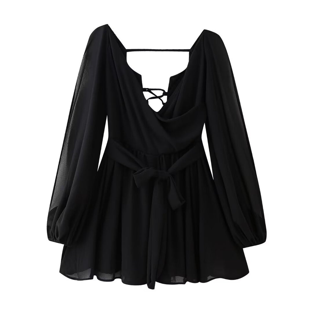 Wholesale 2025 Summer New European and American Multi-Color Sexy Mesh Long Sleeve Tied Backless Mini Dress Women