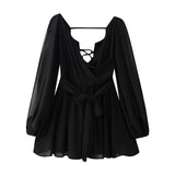 Wholesale 2025 Summer New European and American Multi-Color Sexy Mesh Long Sleeve Tied Backless Mini Dress Women