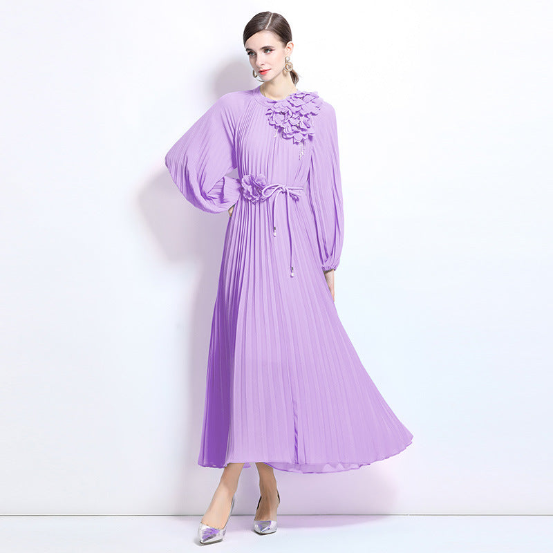 celebrity temperament dress women's high-end sense unique design flower slim and thin pleated long dress