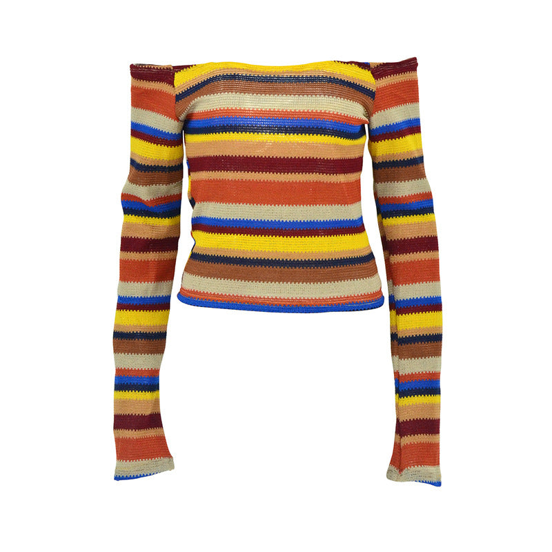 GOOSUDU 2025 AB335 Sweet Spice Girl Shoulder Color Striped Off-Shoulder Clavicle Early Spring Slim Short Temperament Versatile Top