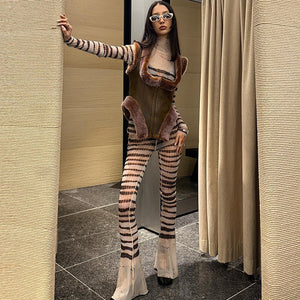 GOOSUDU New hot-selling sexy striped turtleneck slim long-sleeved top slim long flared pants suit women