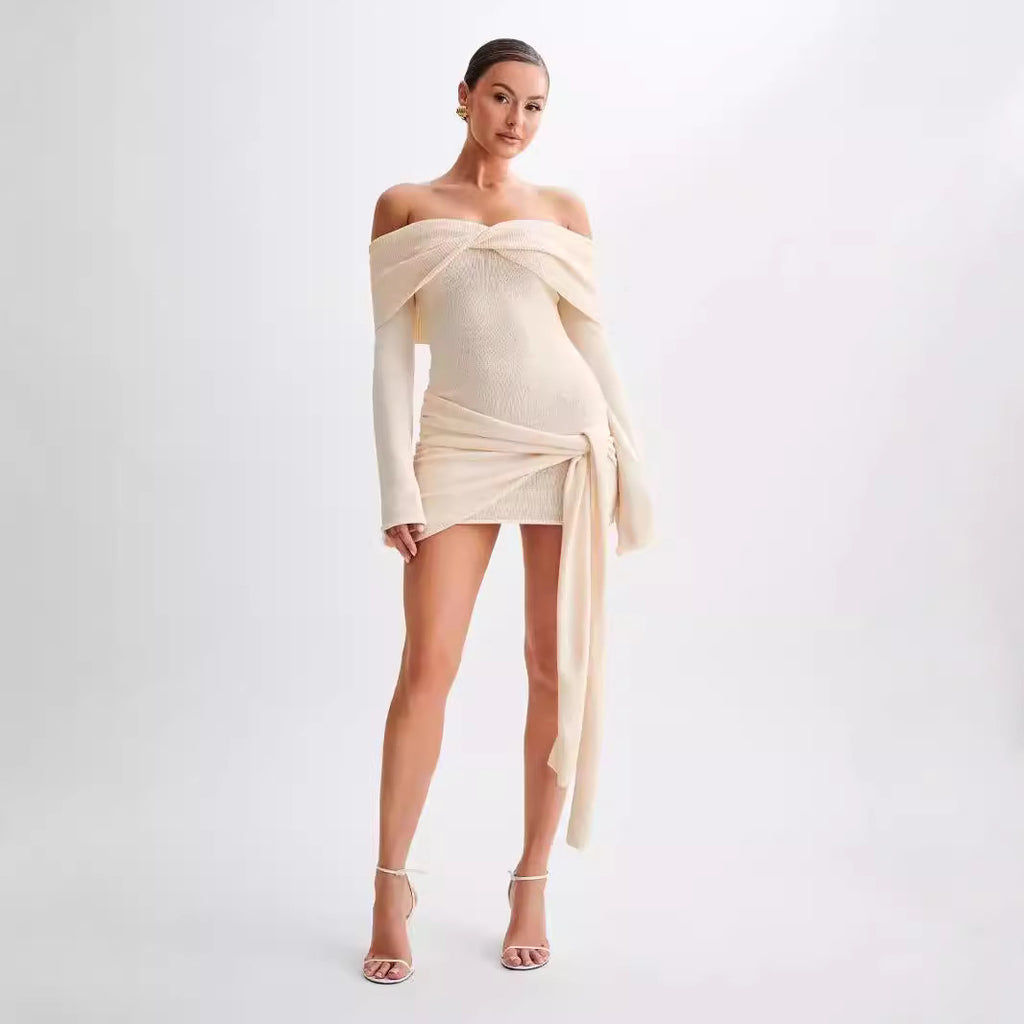GOOSUDU 2025 sweater dress knitted one-word shoulder irregular strap sweater dress