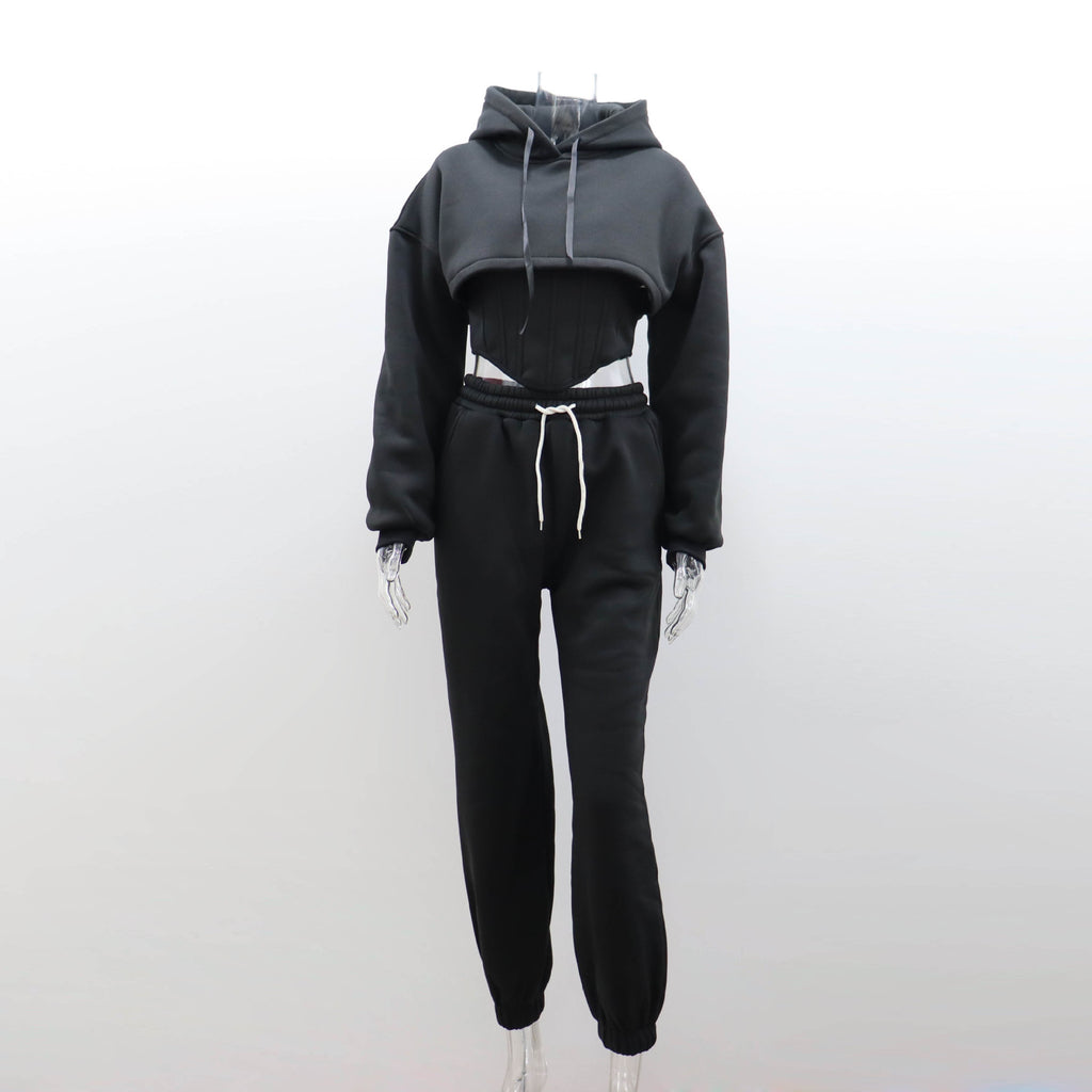 GOOSUDU New waist hooded short sweater leggings three-piece set autumn and winter women's clothing new casual sweatpants set wholesale