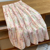 Small fresh pink and green floral skirt women's  summer new gentle wind temperament thin printed umbrella skirt