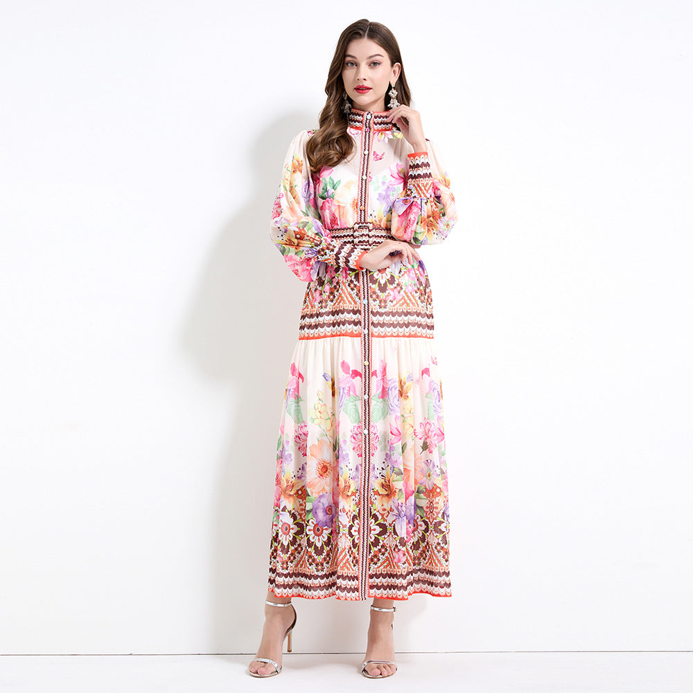 Popularan, n retro and Popular style court printing stand-up collar lantern sleeve waist single-breasted dress women's thin and elegant long dress