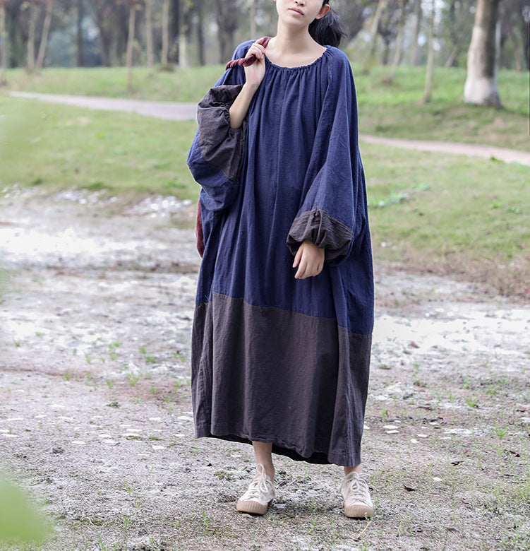 Shan Qian Nianyi, spring and autumn cotton and linen loose long dress pleated lantern sleeves big bat drawstring collar color matching dress