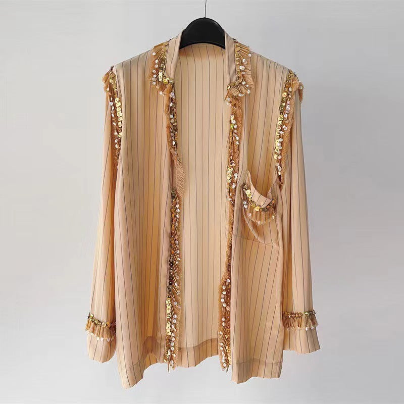 2025 Heavy Industry popular early autumn new handmade beaded sequins imitation silk shirt jacket cardigan top women