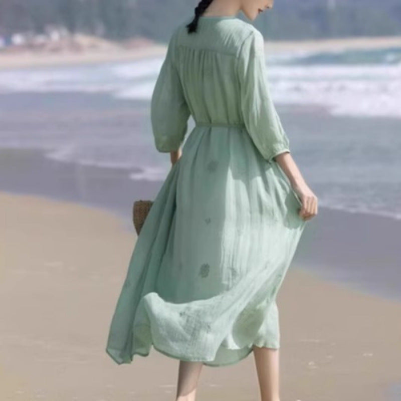 Dress  summer new temperament embroidery thin mid-sleeved big pendulum cool travel fairy vacation dress