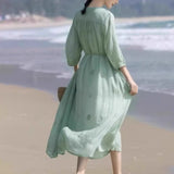 Dress  summer new temperament embroidery thin mid-sleeved big pendulum cool travel fairy vacation dress