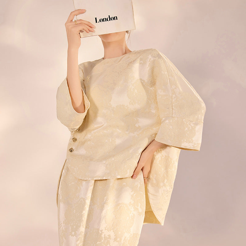 Spring and summer  new Chinese texture fashion loose design touching silk top skirt national style suit women N3016