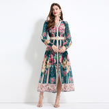 Hot Trade Women's Clothing Court Style Lantern Sleeves Printed Long Sleeves Temperament Lotus Leaf Edge Long Dress Chiffon Two Pieces