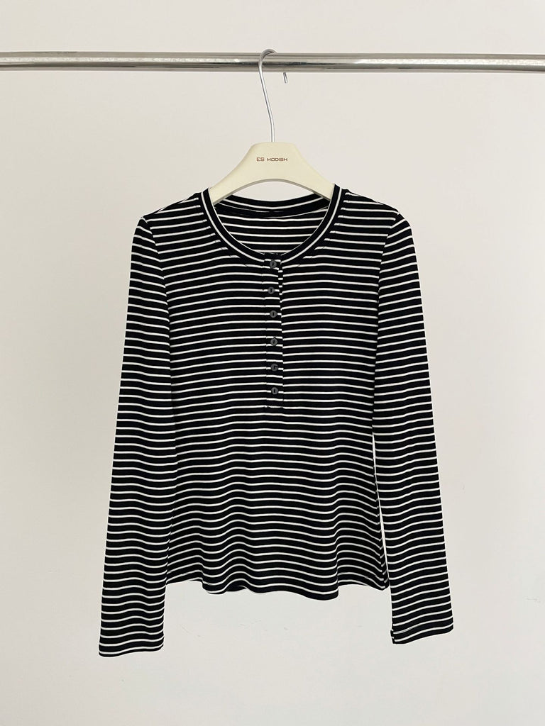 2025 ES MODISH spring new product casual and thin horizontal striped long-sleeved T-shirt button design outer wear pullover knitted sweater