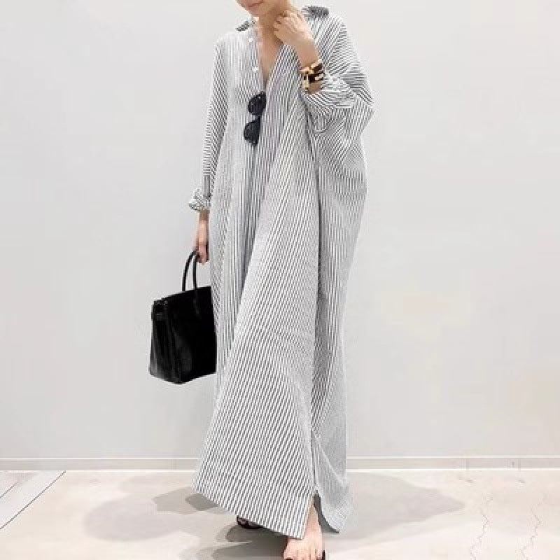 Japanese New loose large-size long-sleeved striped cotton and linen shirt skirt spring and autumn Korean version fat MM knee-length dress dress