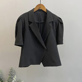 2025 summer short-sleeved suit retro pure bubble sleeve women's single-grain buckle loose Korean casual suit jacket 2140