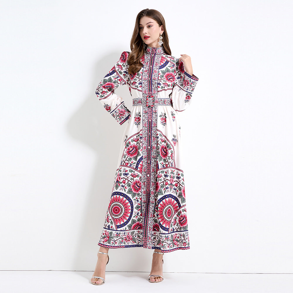 Popular trade women's clothing stand-up collar lantern sleeve retro positioning printing long sleeve waist ruffle edge dress