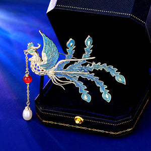 2025 Guochao retro Chinese style cheongsam dress accessories corsage women's enamel colored glaze pearl noble and elegant phoenix brooch