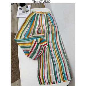 spring and summer fixed dyeing high-count thin cool dopamine rainbow striped pants straight wide-leg trousers women
