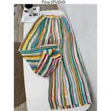 spring and summer fixed dyeing high-count thin cool dopamine rainbow striped pants straight wide-leg trousers women