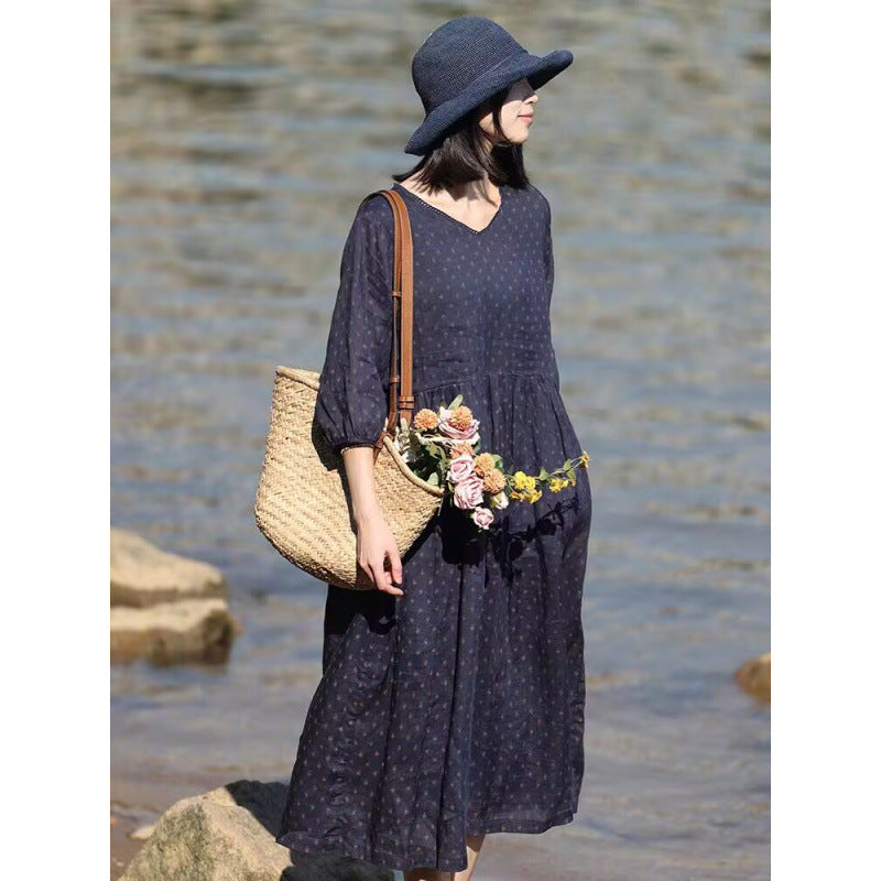 High-end ramie dress  summer new fashion temperament blue elegant loose and thin long dress women