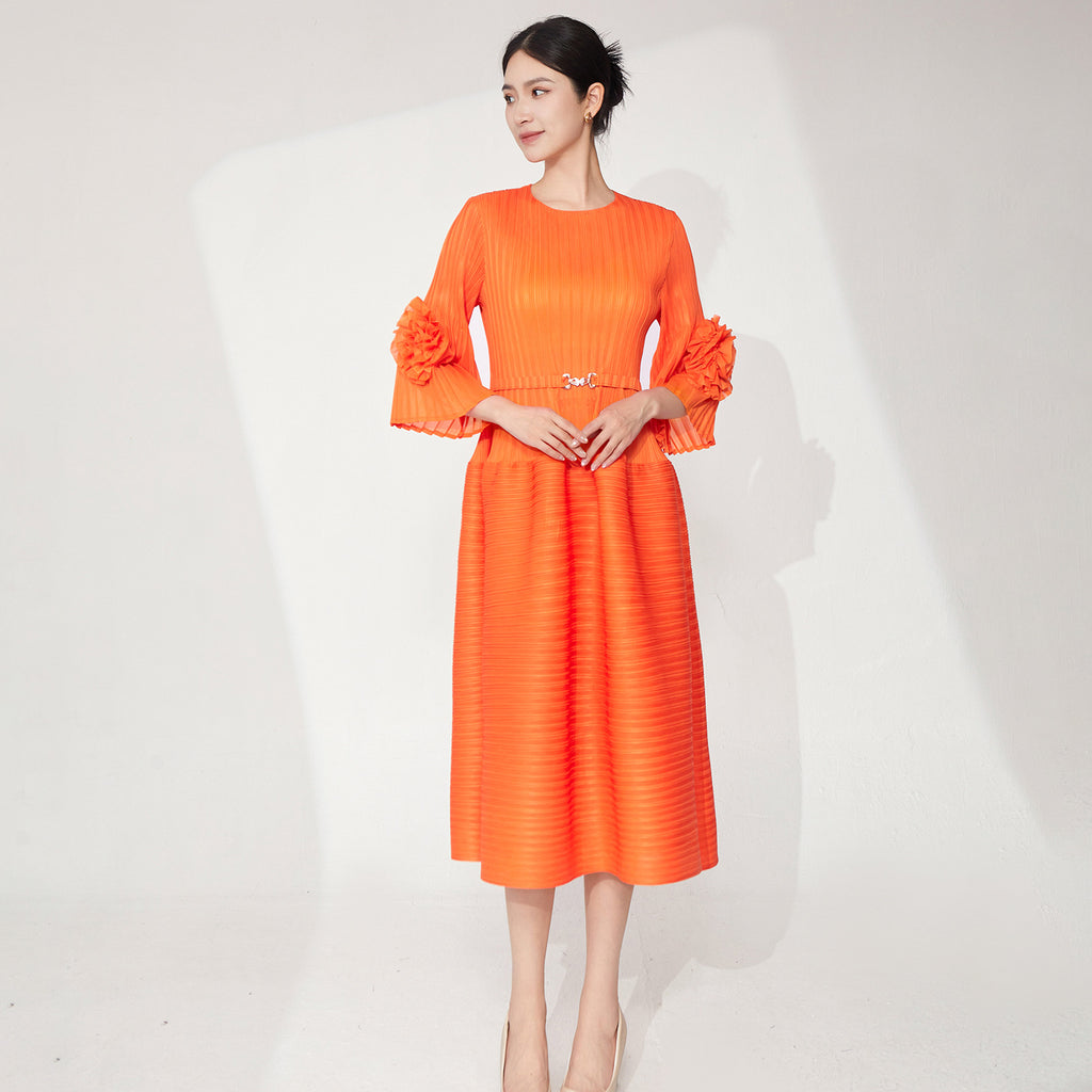 2025 dress women's summer high sense dignified intellectual cover belly thin large size horn sleeve temperament medium and long skirt