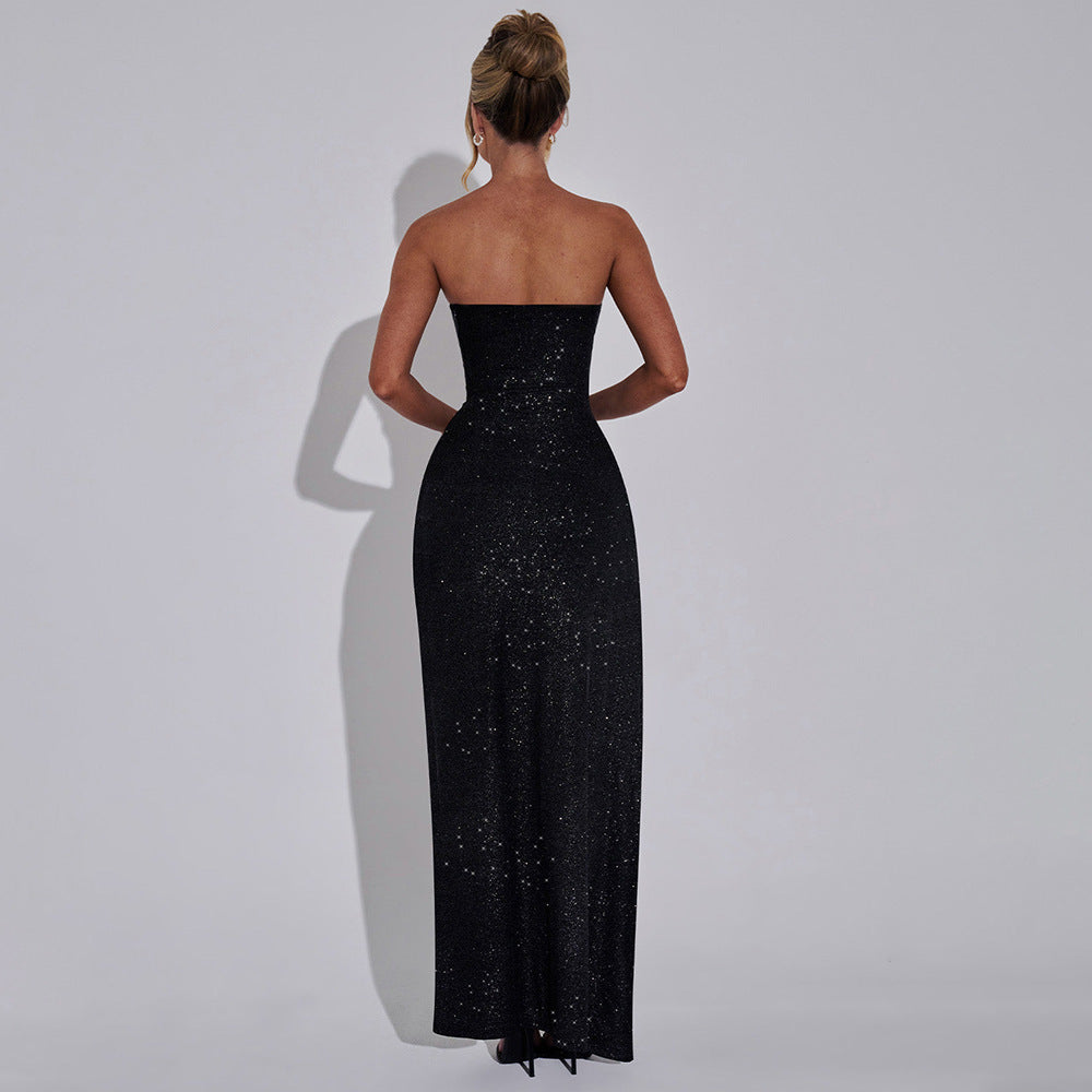 2025 popular autumn new product fashionable and elegant solid color tube top, backless slim fit, high split fork fine flash hip dress