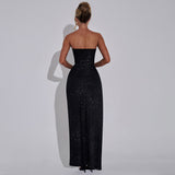 2025 popular autumn new product fashionable and elegant solid color tube top, backless slim fit, high split fork fine flash hip dress