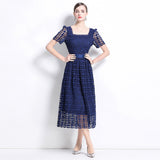Summer  Retro Premium Sense Water Soluble Lace Sexy Square Neck Bubble Sleeve Waist Dress Slim Fit Long Dress
