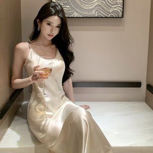 2025 large U-neck oblique cut acetic acid satin suspender dress, summer vacation style waist temperament fishtail long skirt