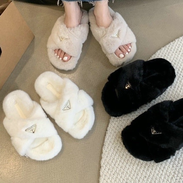 2025  popular autumn and winter new fluffy thick-soled slippers triangular metal buckle crossed flat-bottomed plush slippers open-toed one-word drag