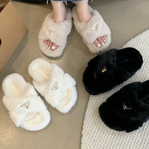 2025  popular autumn and winter new fluffy thick-soled slippers triangular metal buckle crossed flat-bottomed plush slippers open-toed one-word drag