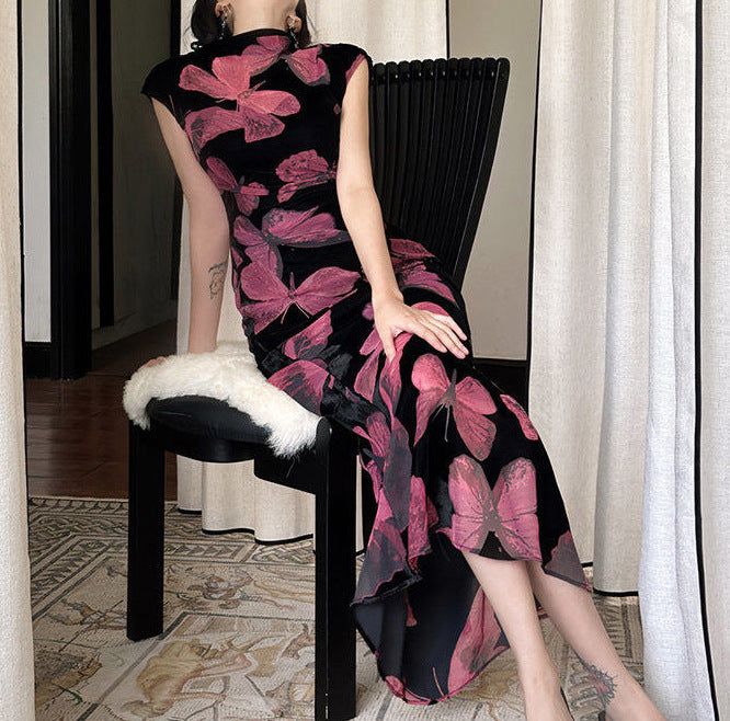 2025 Spot popular spring and summer new Chinese style improved printed cheongsam dress female spring royal sister wind waist thin dress