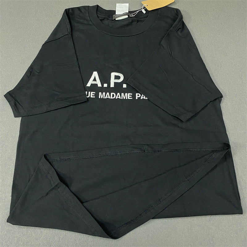 GOOSUDU New Hot Selling Japanese and Korean AP Electric Embroidery Embroidery English Logo Pattern Pure Cotton Loose T-shirt Men and Women Couple's Shirts