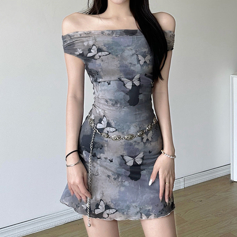 2025 style popular summer new women's clothing retro butterfly smudge printing mesh one-word collar dress