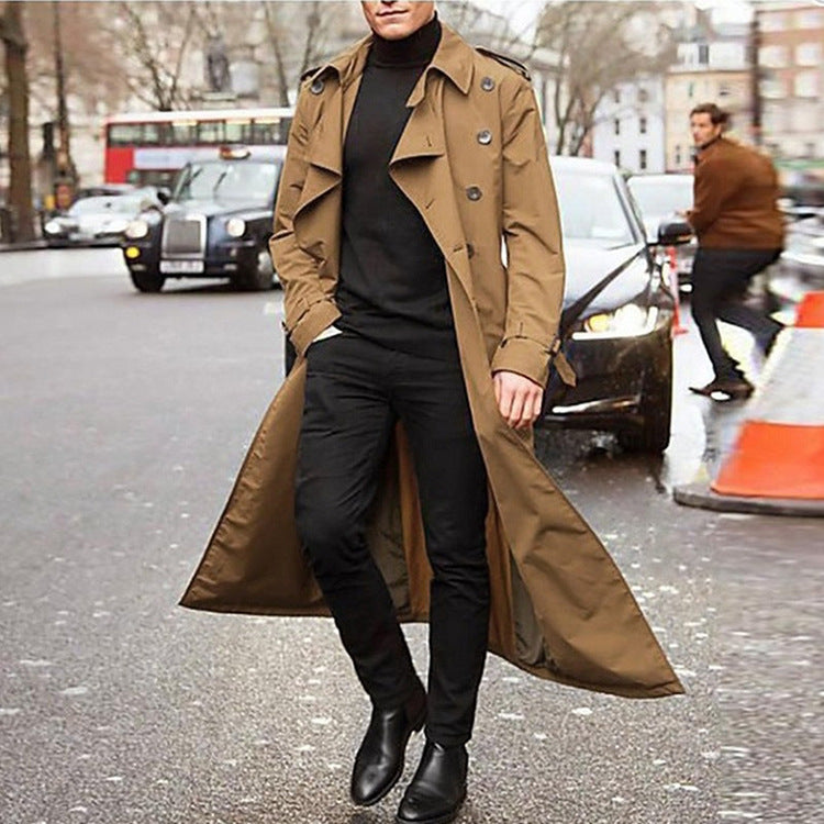 2025 men's medium and long trench coat  men's long trench coat fashion trench coat casual outer men's belt