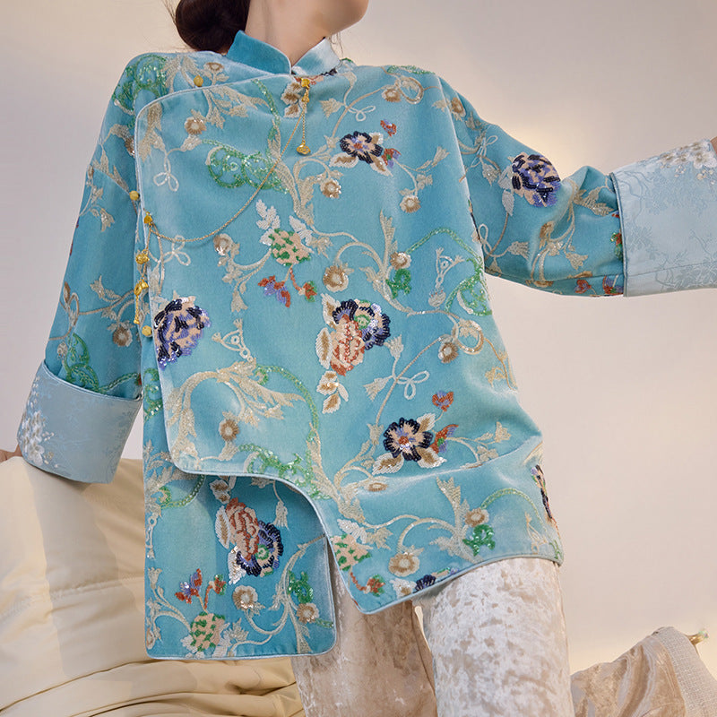 New Chinese style new flower embroidered sequined shirt old money style high-end temperament satin top M3003