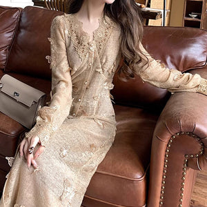 2025 Autumn new  knitted dress gentle wind beautiful fairy dress temperament small bottom dress