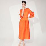 2025 dress women's summer high sense dignified intellectual cover belly thin large size horn sleeve temperament medium and long skirt