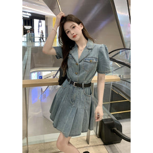 2025 Hong Kong-style denim dress women's summer dress new retro chic skirt niche design feeling waist and thin pleated skirt