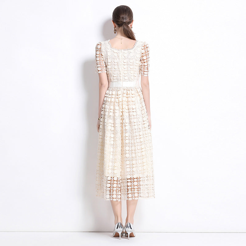 Summer  Retro Premium Sense Water Soluble Lace Sexy Square Neck Bubble Sleeve Waist Dress Slim Fit Long Dress