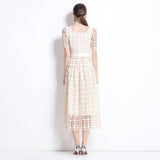 Summer  Retro Premium Sense Water Soluble Lace Sexy Square Neck Bubble Sleeve Waist Dress Slim Fit Long Dress