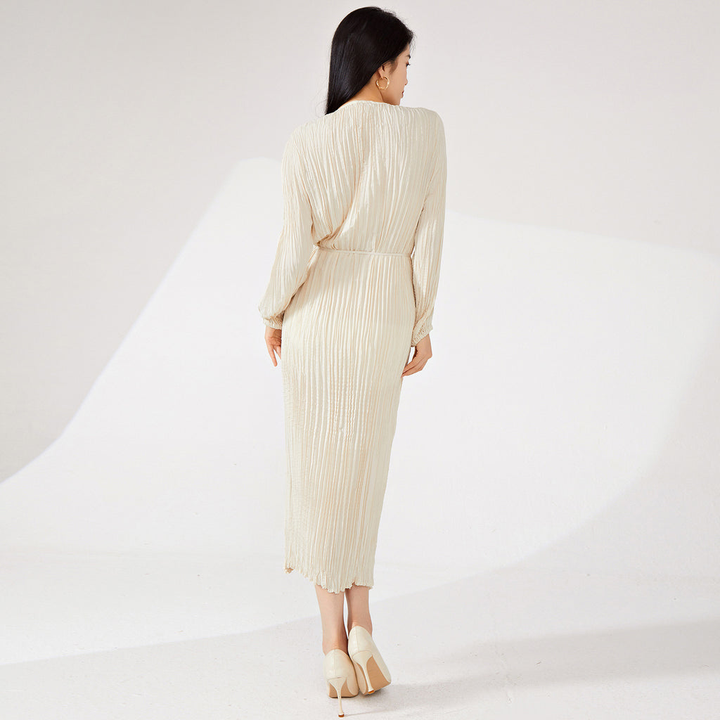 2025 Nanyou high-end women's clothing long-sleeved dress spring and autumn women's design irregular pleated skirt long high-end sense