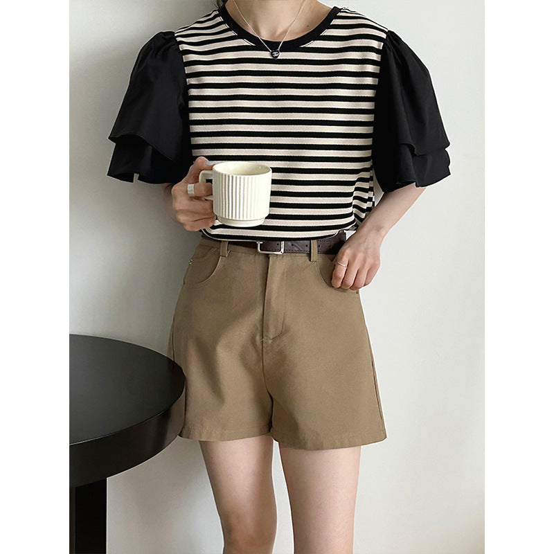 2025 popular summer Korean design sense flying sleeve splicing striped T-shirt  age-reducing loose shirt 5639
